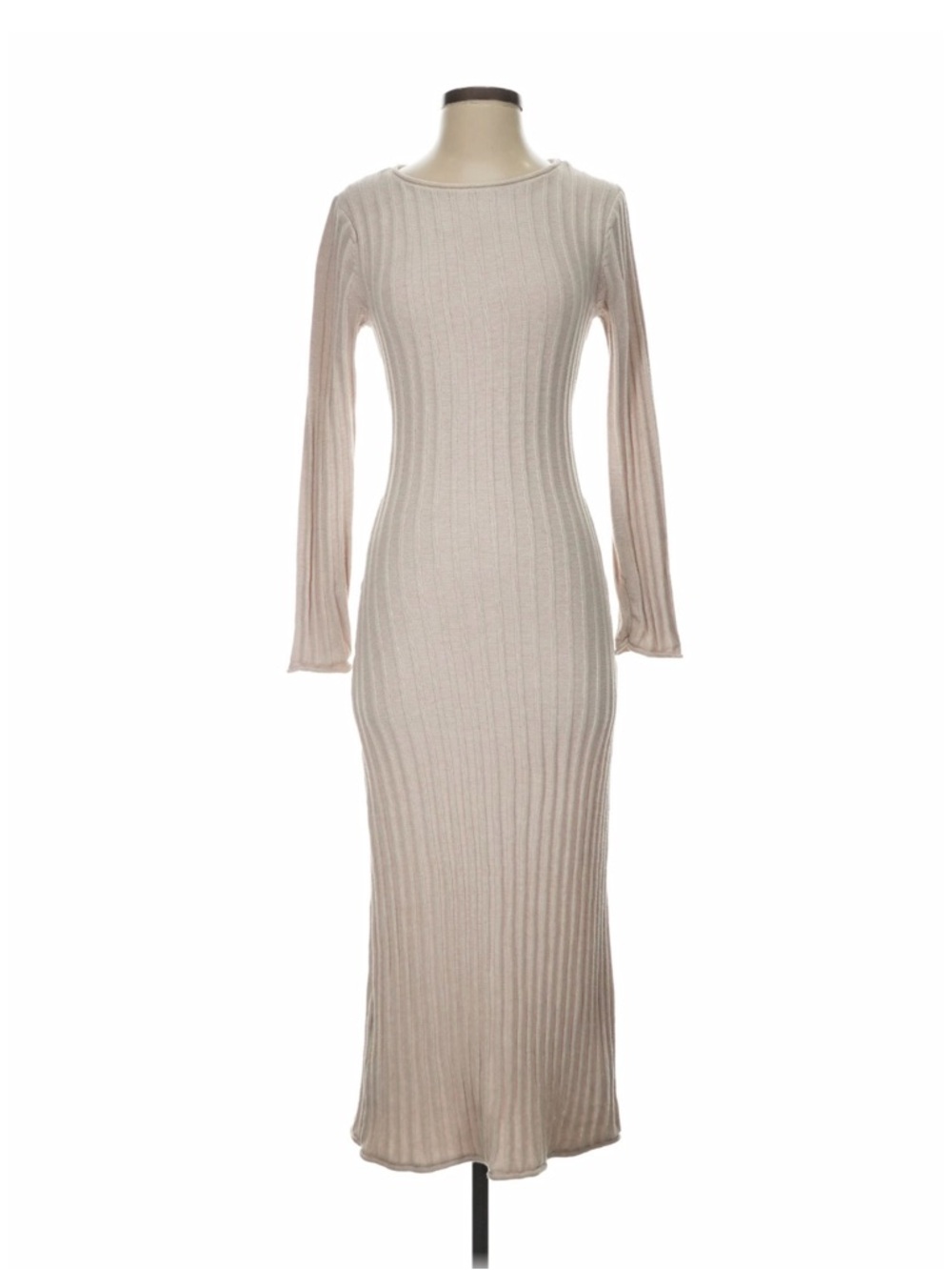 Mango Ribbed Long-Sleeve Maxi Dress - Beige